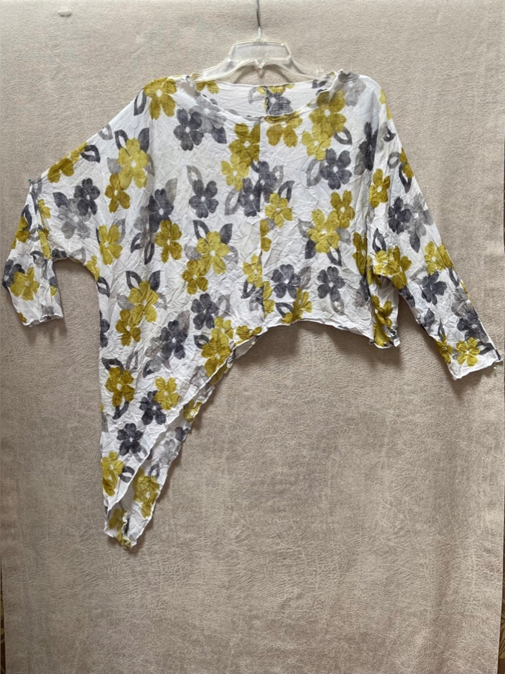 Women's Asymmetric Floral Top in White with Yellow & Gray Flowers